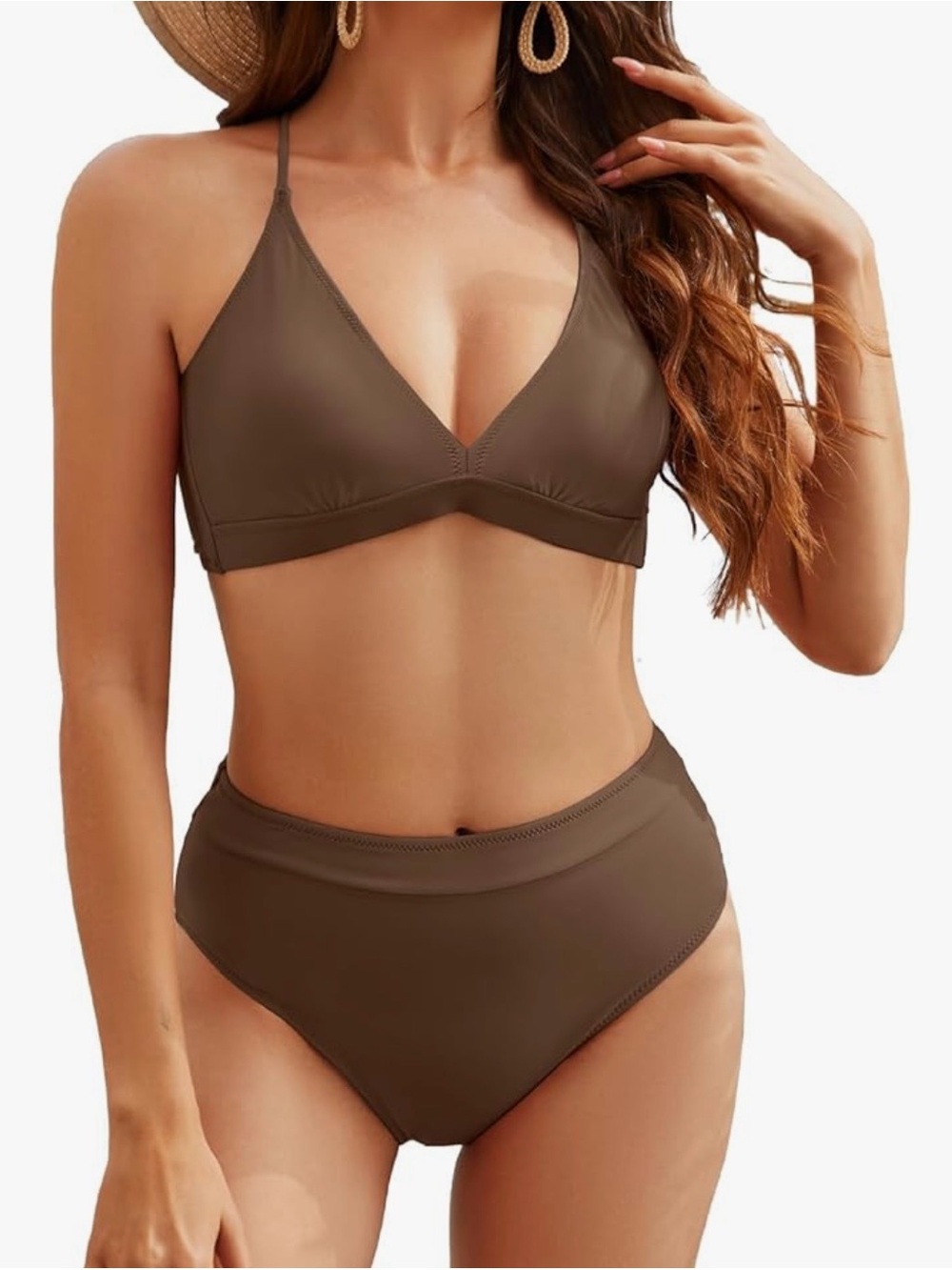 Amazon Brown High-Waist Triangle Bikini Set